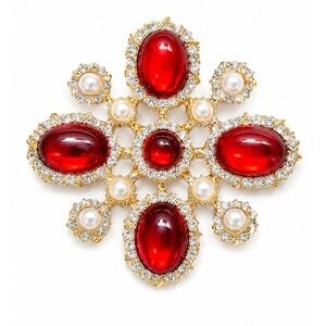 Red Cabochon Rhinestone Faux Pearl Brooch Gold Tone Snowflake Floral Pin